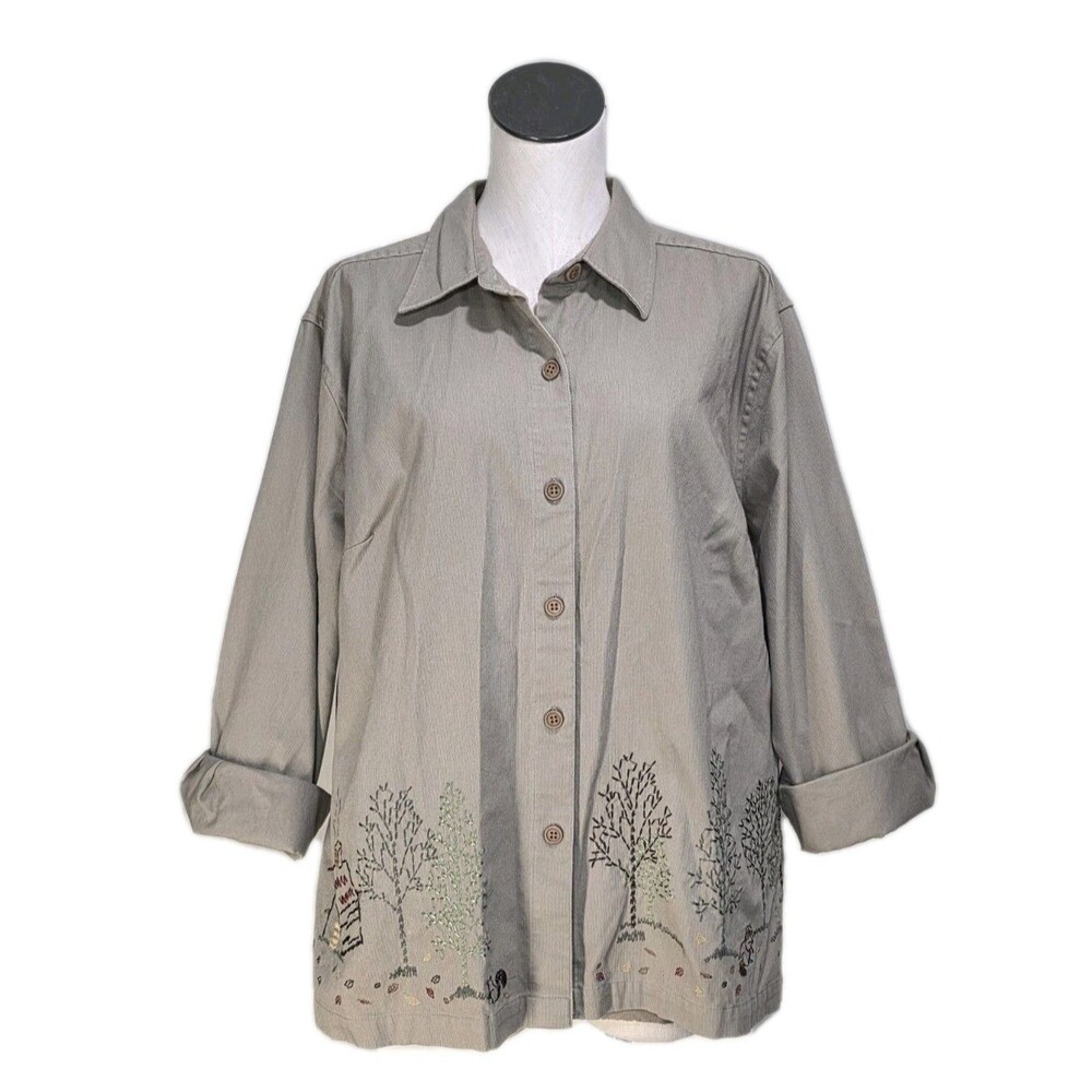 CJ Banks 2007 Rustic Woodland Fall Embroidered LS Button Up Cotton Top Size 2X